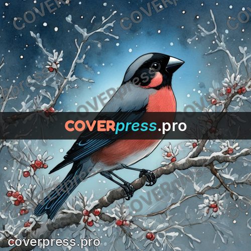 Night Ghibli style illustration: bullfinch on a berry branch