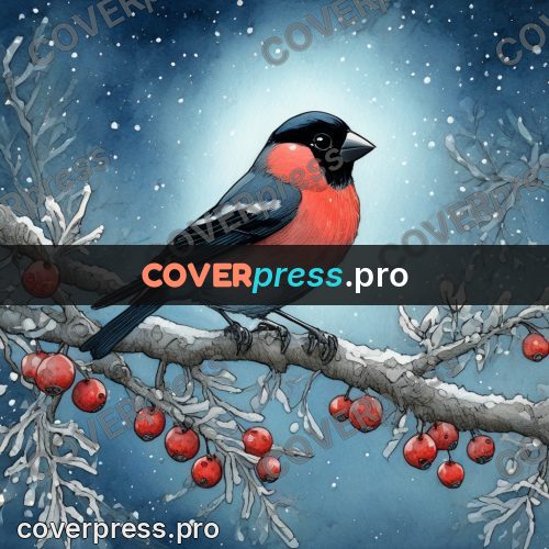Night Ghibli style illustration: bullfinch on a berry branch