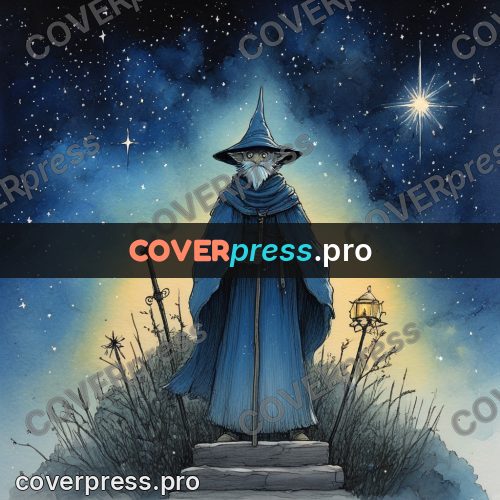Night Ghibli style illustration: wizard by a tall tower