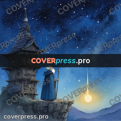 Night Ghibli style illustration: wizard by a tall tower