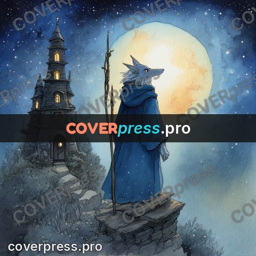 Night Ghibli style illustration: wizard by a tall tower