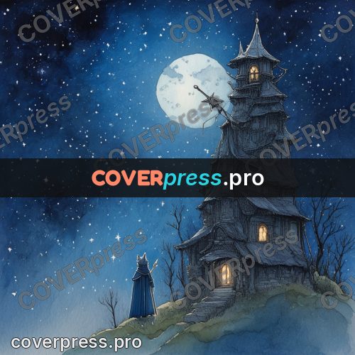 Night Ghibli style illustration: wizard by a tall tower