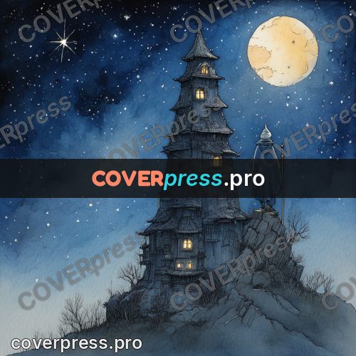 Night Ghibli style illustration: wizard by a tall tower