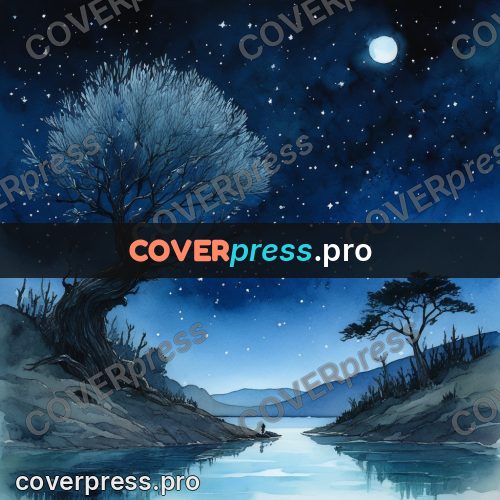 Night Ghibli style illustration: tree by a night lake