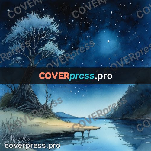 Night Ghibli style illustration: tree by a night lake
