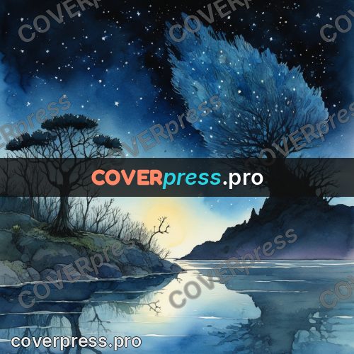 Night Ghibli style illustration: tree by a night lake