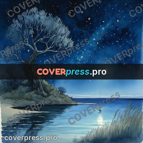 Night Ghibli style illustration: tree by a night lake