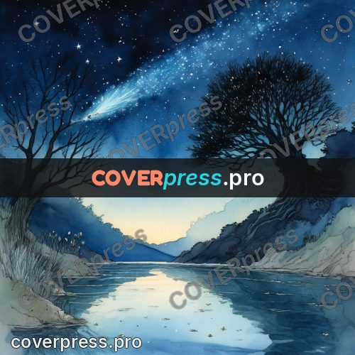 Night Ghibli style illustration: tree by a night lake