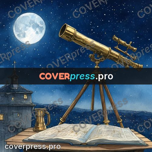 Night Ghibli style illustration: brass telescope under the moon