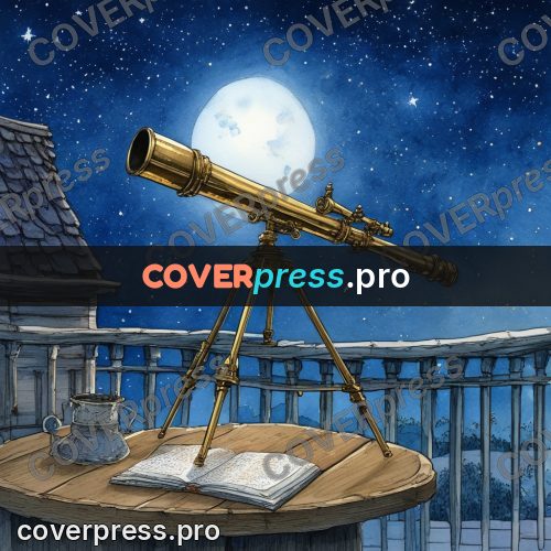 Night Ghibli style illustration: brass telescope under the moon