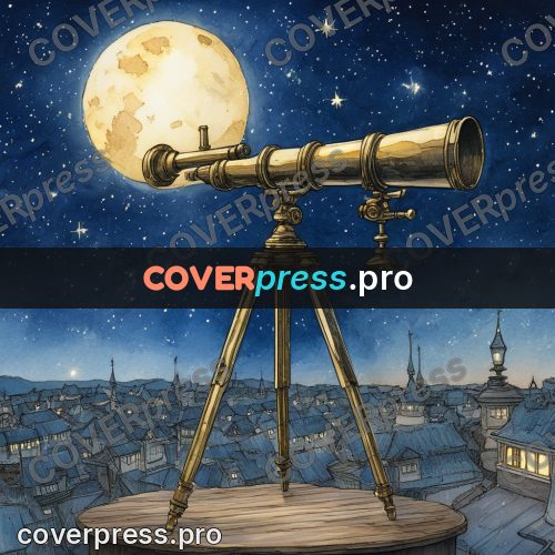 Night Ghibli style illustration: brass telescope under the moon
