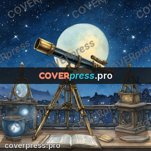 Night Ghibli style illustration: brass telescope under the moon
