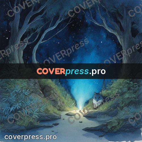 Night Ghibli style illustration: glowing passage among trees