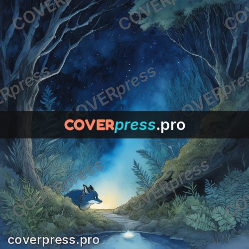 Night Ghibli style illustration: glowing passage among trees