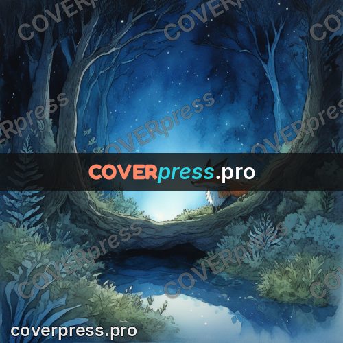 Night Ghibli style illustration: glowing passage among trees