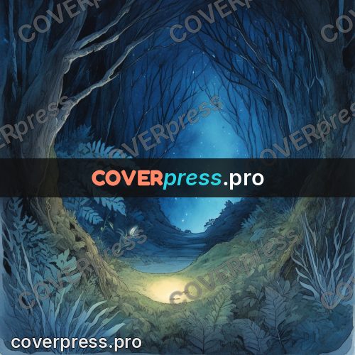 Night Ghibli style illustration: glowing passage among trees
