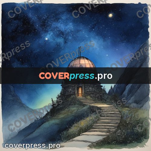 Night Ghibli style illustration: observatory on a rock at night