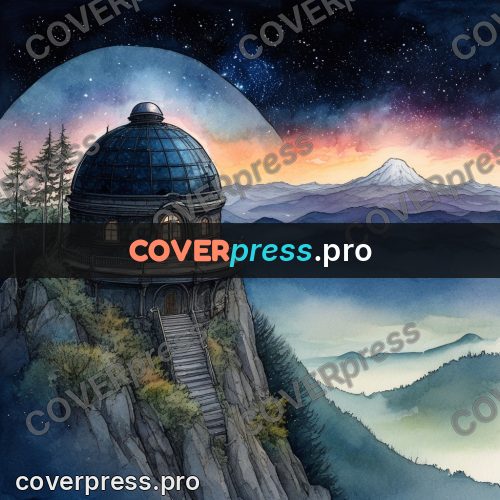 Night Ghibli style illustration: observatory on a rock at night