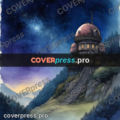 Night Ghibli style illustration: observatory on a rock at night