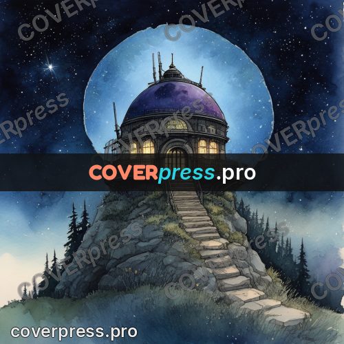 Night Ghibli style illustration: observatory on a rock at night