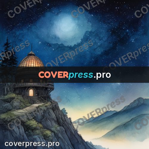 Night Ghibli style illustration: observatory on a rock at night
