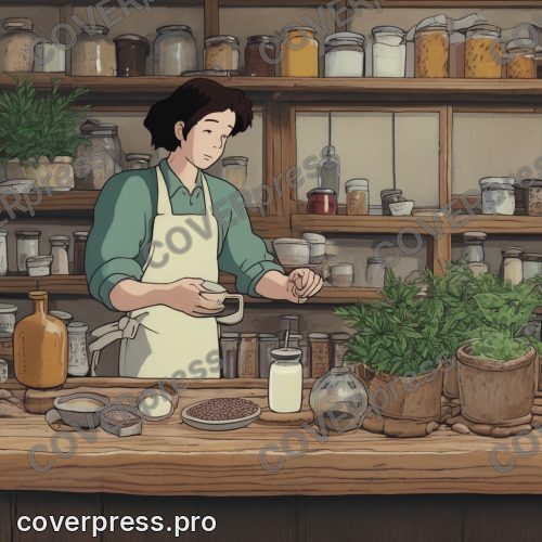 Рисунок в стиле Ведьминой службы доставки: кофейня, бариста и круассан
