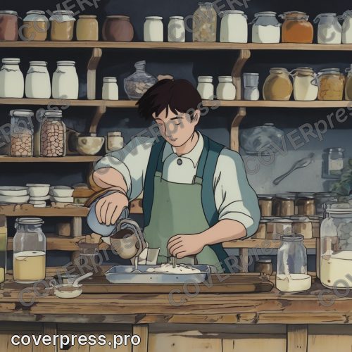 Рисунок в стиле Ведьминой службы доставки: кофейня, бариста и круассан