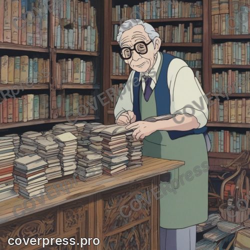 Рисунок в стиле Ведьминой службы доставки: библиотека, стеллаж и глобус