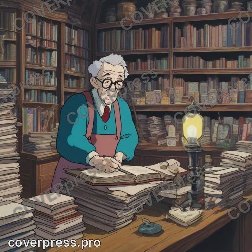 Рисунок в стиле Ведьминой службы доставки: библиотека, стеллаж и глобус