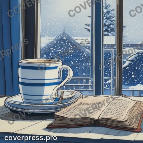 Рисунок в стиле Ведьминой службы доставки: стол, лампа и чашка