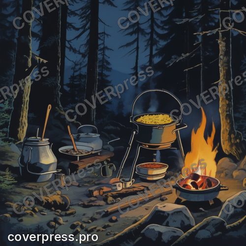 Рисунок в стиле Ведьминой службы доставки: фургон, гамак и костёр
