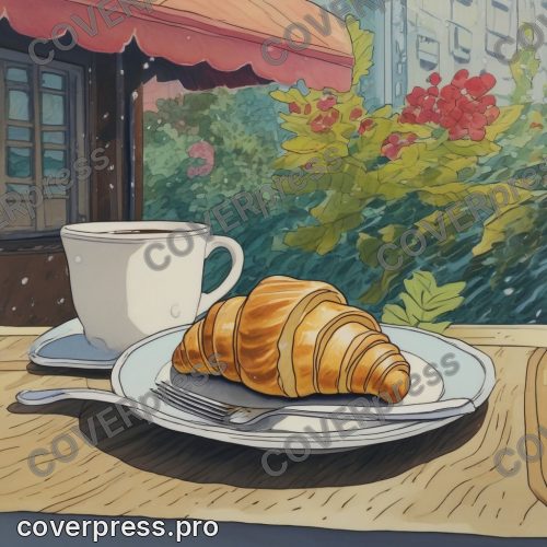 Рисунок в стиле Ведьминой службы доставки: кофейня, бариста и круассан