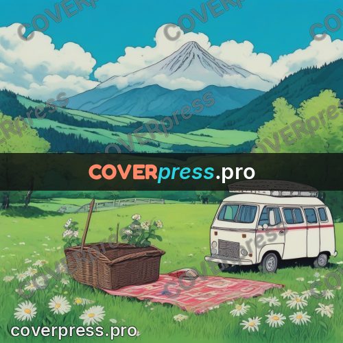 Kiki Delivery Service drawing: van in a meadow by mountains