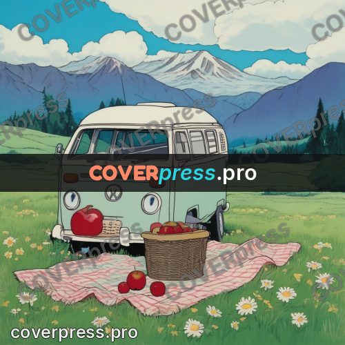 Kiki Delivery Service drawing: van in a meadow by mountains