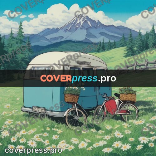 Kiki Delivery Service drawing: van in a meadow by mountains