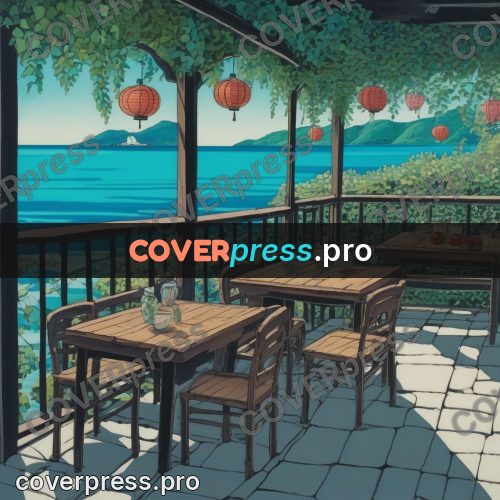 Kiki Delivery Service drawing: veranda with tables above the sea