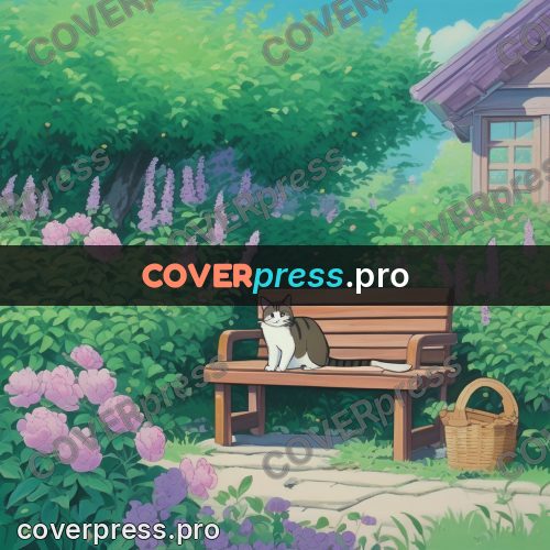 Kiki Delivery Service drawing: bench by lilac with a cat