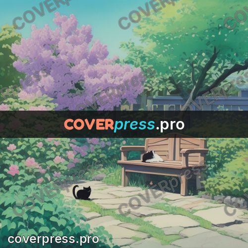 Kiki Delivery Service drawing: bench by lilac with a cat