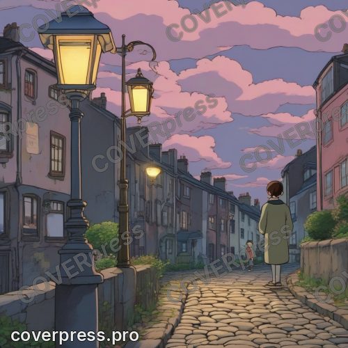 Рисунок человека в стиле Гибли: клён, аллея и фонарь