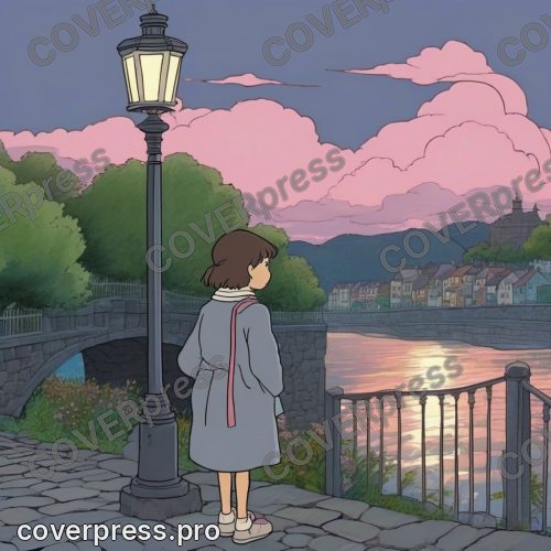 Рисунок человека в стиле Гибли: клён, аллея и фонарь