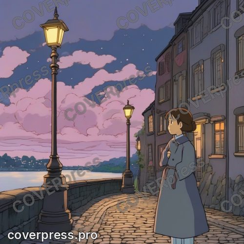 Рисунок человека в стиле Гибли: клён, аллея и фонарь