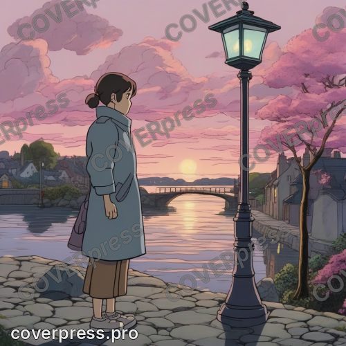 Рисунок человека в стиле Гибли: клён, аллея и фонарь