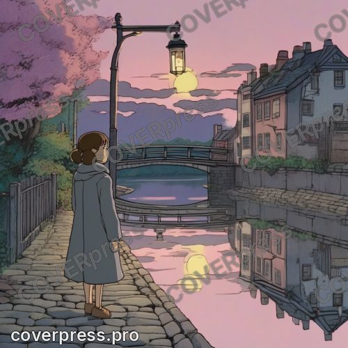 Рисунок человека в стиле Гибли: клён, аллея и фонарь
