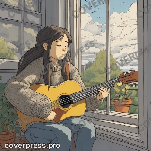Рисунок человека в стиле Гибли: гитаристка, рояль и скрипачка