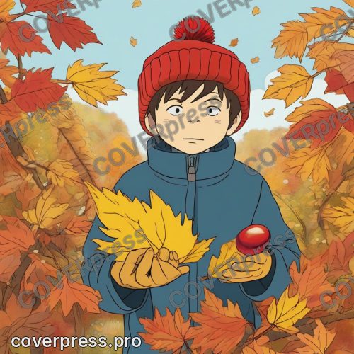 Рисунок человека в стиле Гибли: клён, аллея и фонарь