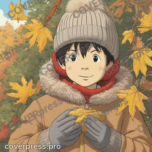 Рисунок человека в стиле Гибли: клён, аллея и фонарь