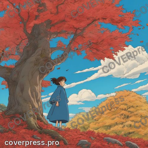 Рисунок человека в стиле Гибли: клён, аллея и фонарь