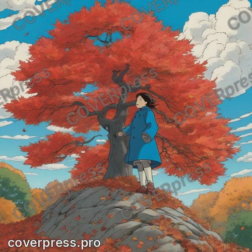 Рисунок человека в стиле Гибли: клён, аллея и фонарь