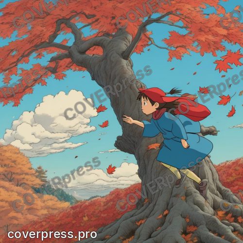 Рисунок человека в стиле Гибли: клён, аллея и фонарь