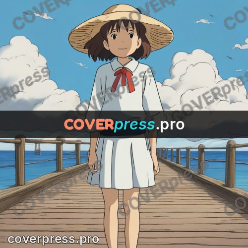 Ghibli style drawing of a person: girl in a straw hat